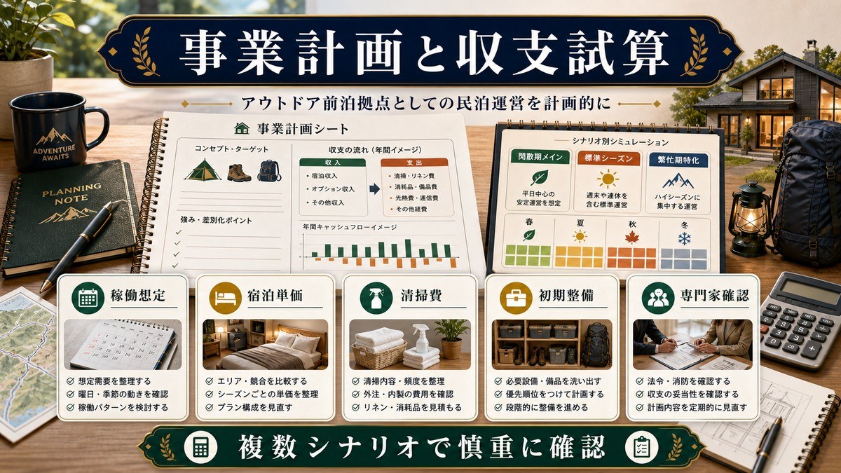 キャンプ前泊拠点民泊の事業計画と収支試算として稼働想定、宿泊単価、清掃費、初期整備、専門家確認を整理した図解