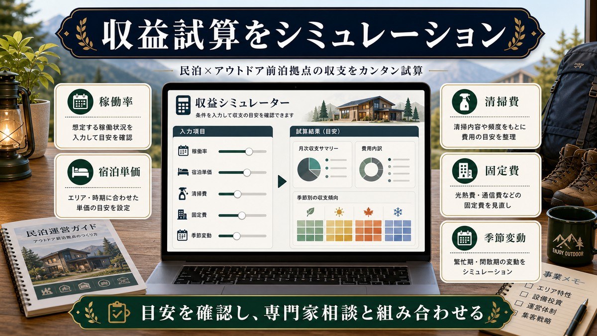 キャンプ前泊民泊の収益試算として稼働率、宿泊単価、清掃費、固定費、季節変動を整理した図解