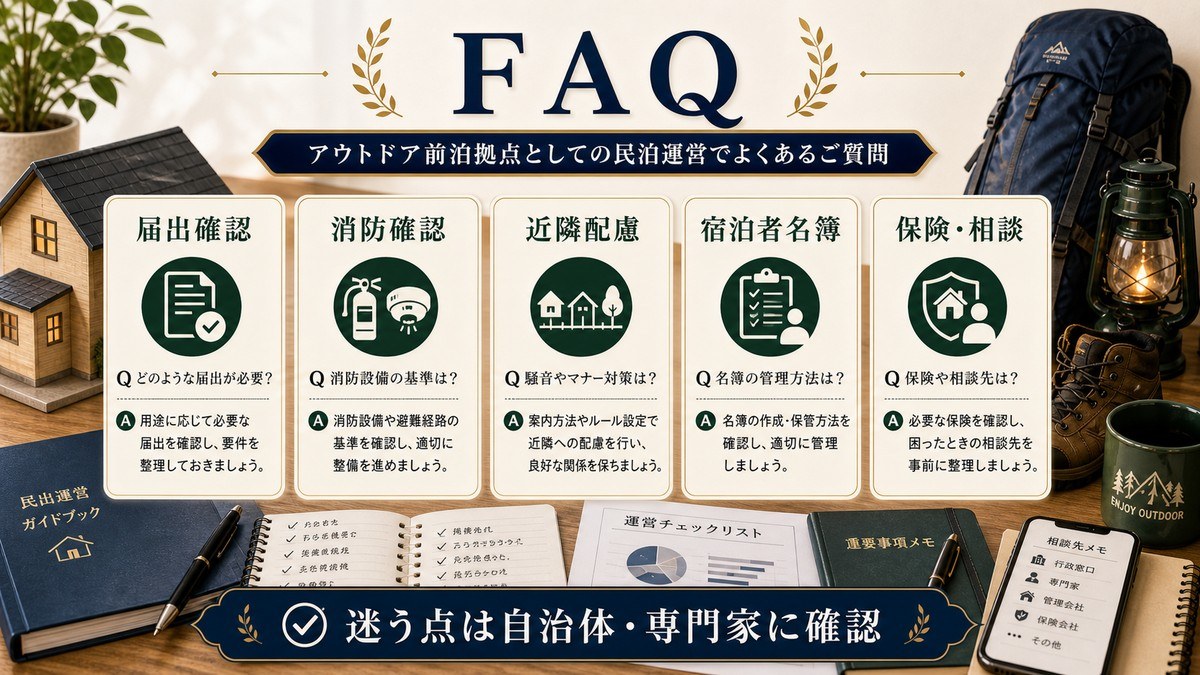 キャンプ前泊民泊のFAQとして届出確認、消防確認、近隣配慮、宿泊者名簿、保険・相談を整理した図解