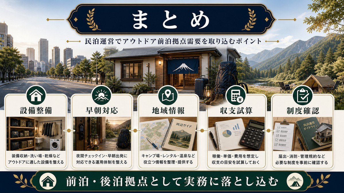 アウトドア前泊拠点需要を取り込む民泊運営のまとめとして設備整備、早朝対応、地域情報、収支試算、制度確認を整理した図解