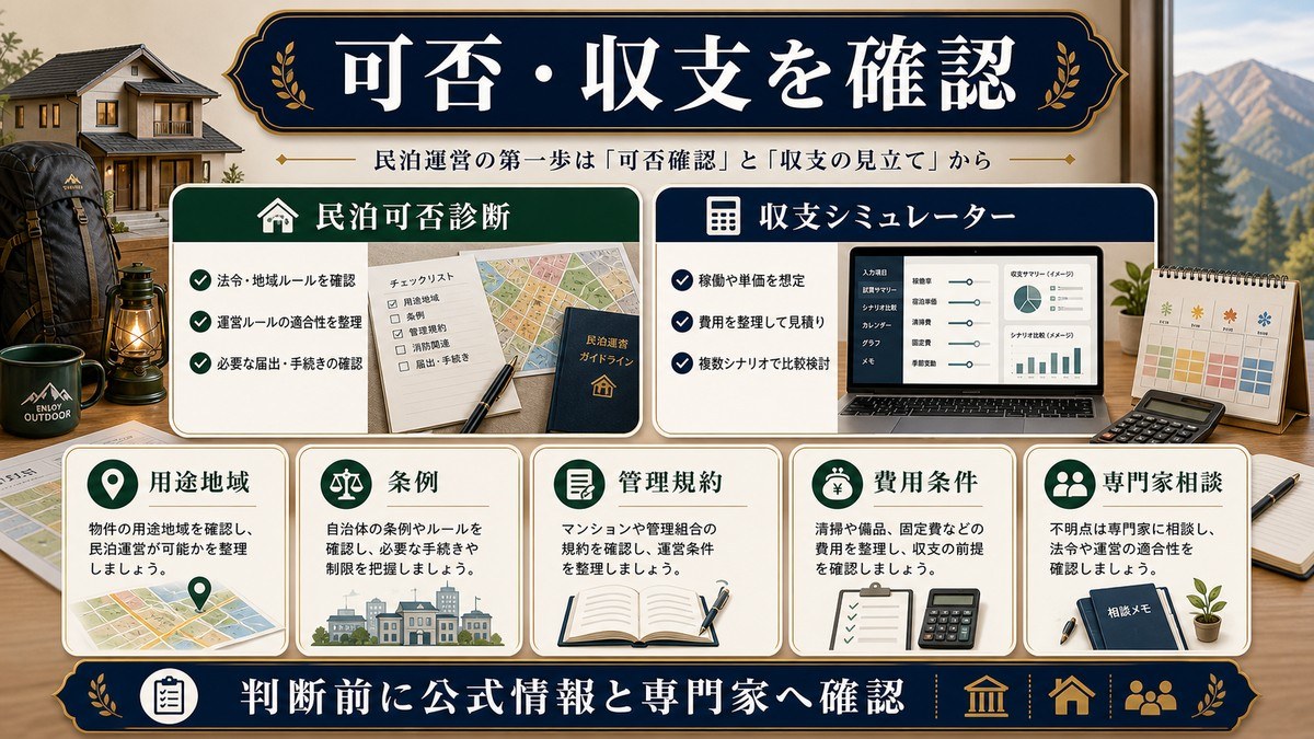 物件の民泊可否と収支を確認するための民泊可否診断、収支シミュレーター、用途地域、条例、管理規約、費用条件、専門家相談を整理した図解