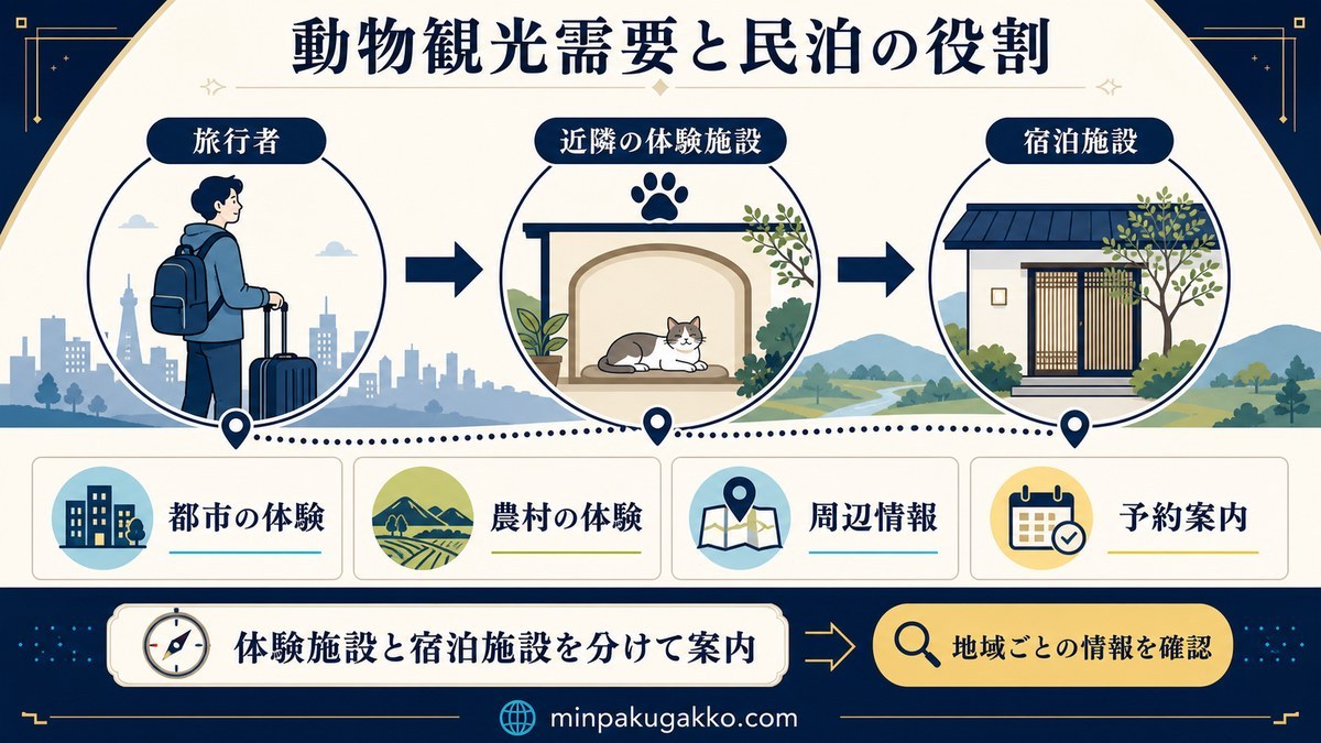 旅行者から近隣の動物体験施設を経て宿泊施設へ向かう導線と、都市・農村の体験、周辺情報、予約案内を整理した図解