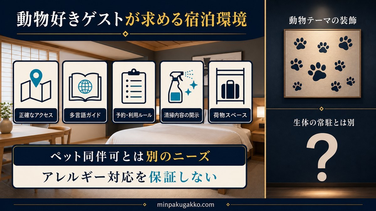 正確なアクセス、多言語案内、予約ルール、清掃内容、荷物スペースと、生体常駐・ペット同伴の違いを整理した図解