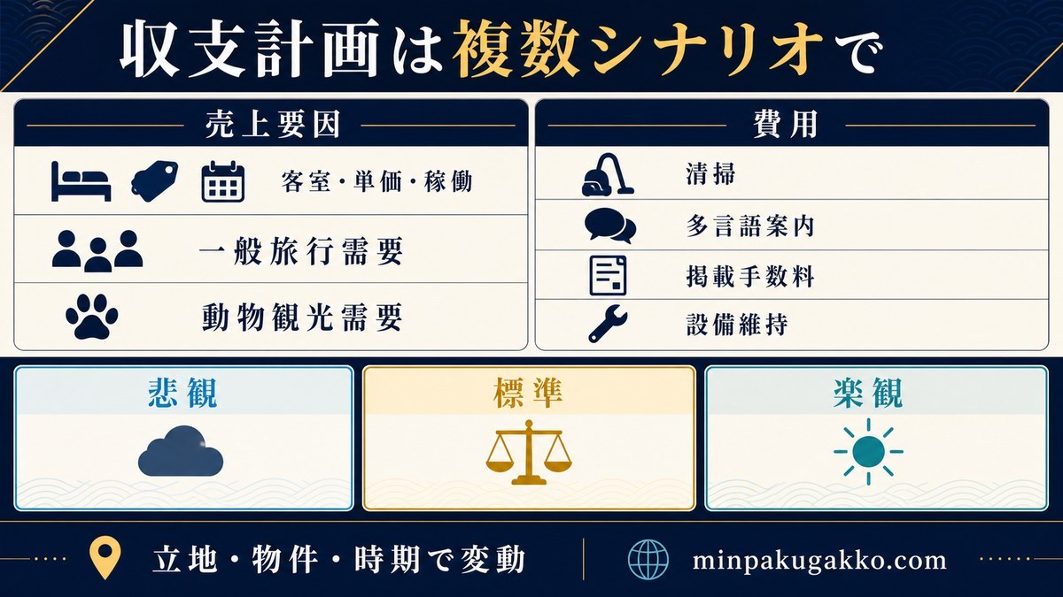 一般旅行需要と動物観光需要、清掃・多言語案内・掲載手数料・設備維持を悲観・標準・楽観で試算する図解