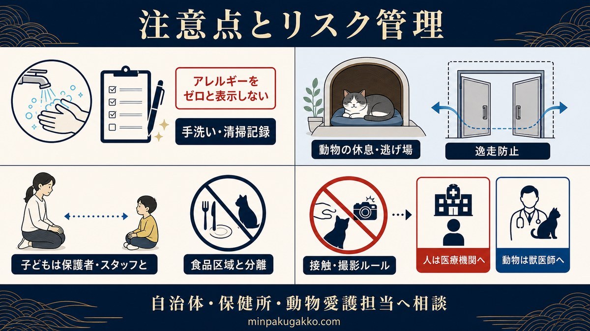 アレルギー情報、手洗い・清掃、動物の休息と逸走防止、子どもの監督、食品区域、撮影、医療・獣医相談を整理した図解