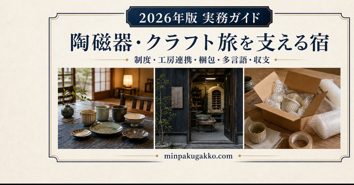 陶磁器とクラフトの旅を支える民泊を制度、工房連携、梱包、多言語、収支の観点で表したアイキャッチ