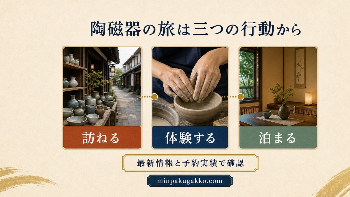陶磁器の旅における窯元訪問、作陶体験、宿泊の三つの行動を整理した図