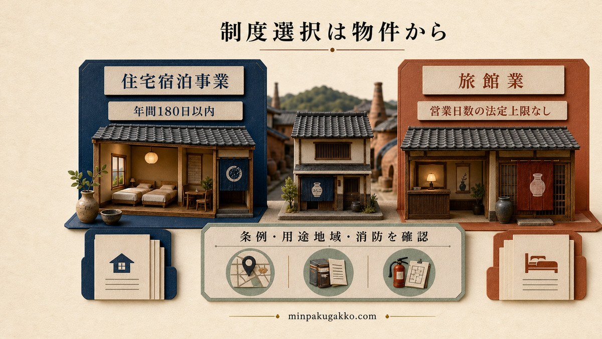 用途地域、条例、消防、稼働日数から住宅宿泊事業と旅館業を比較する制度選択図