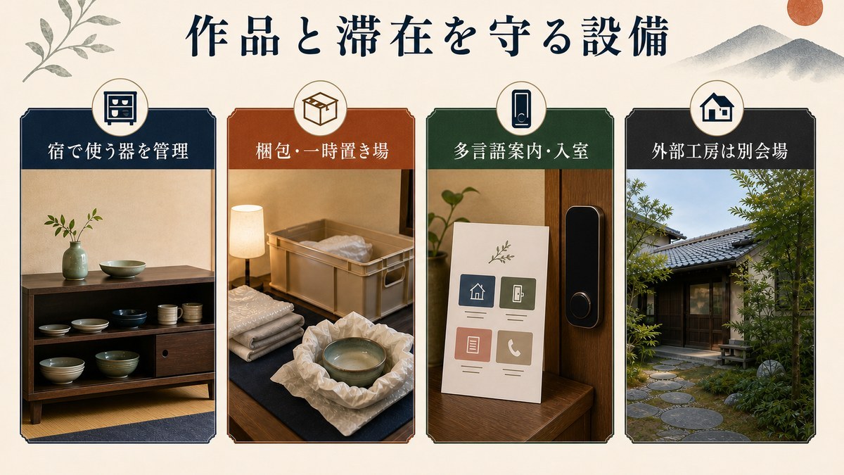 宿で使う器の管理、梱包場所、多言語案内と入室、外部工房の分離を整理した設備図