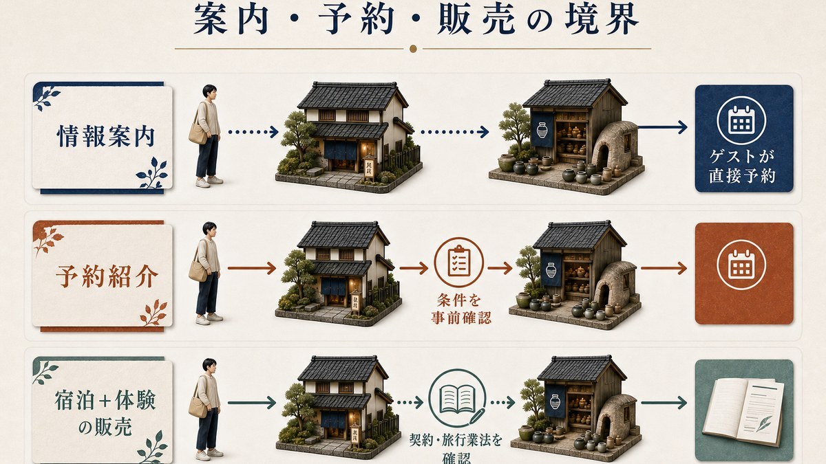情報案内、ゲストの直接予約、予約紹介、宿泊と体験の販売の境界を整理した図