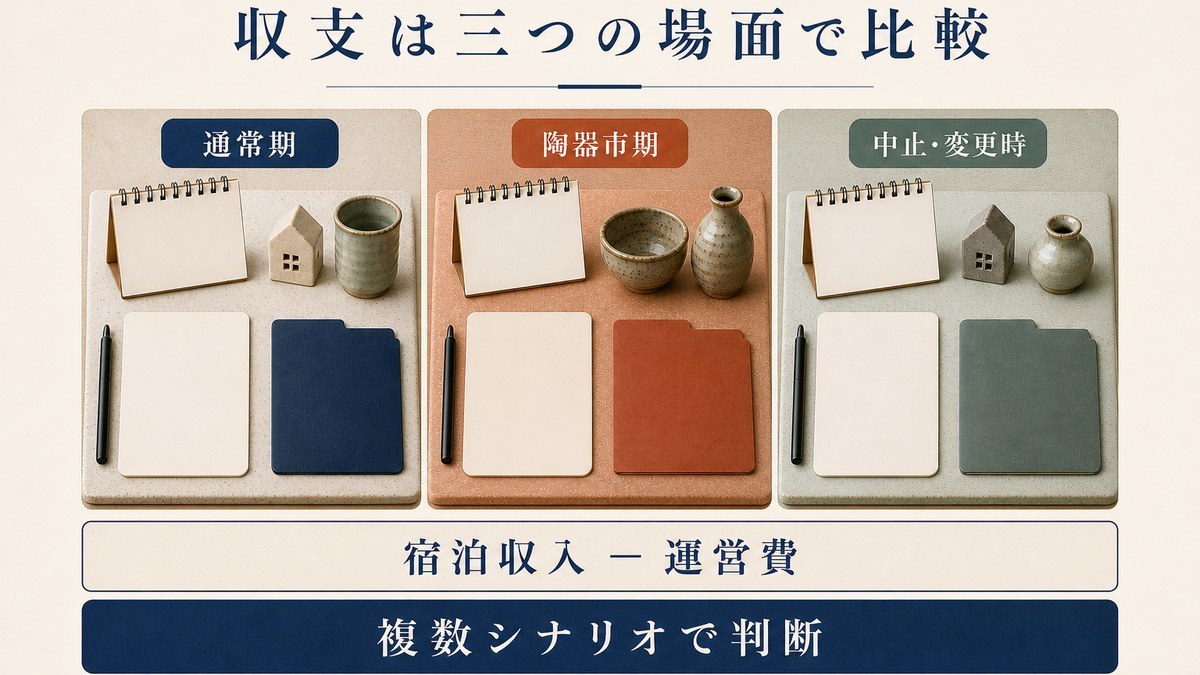 通常期、陶器市期、中止や変更時の三つの場面で宿泊収入と運営費を比較する収支図