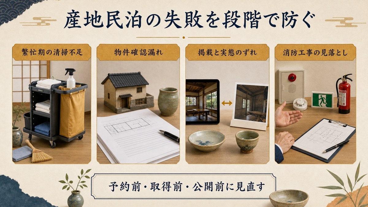 産地民泊の繁忙期運営、用途地域、掲載内容、消防確認の落とし穴を整理した図