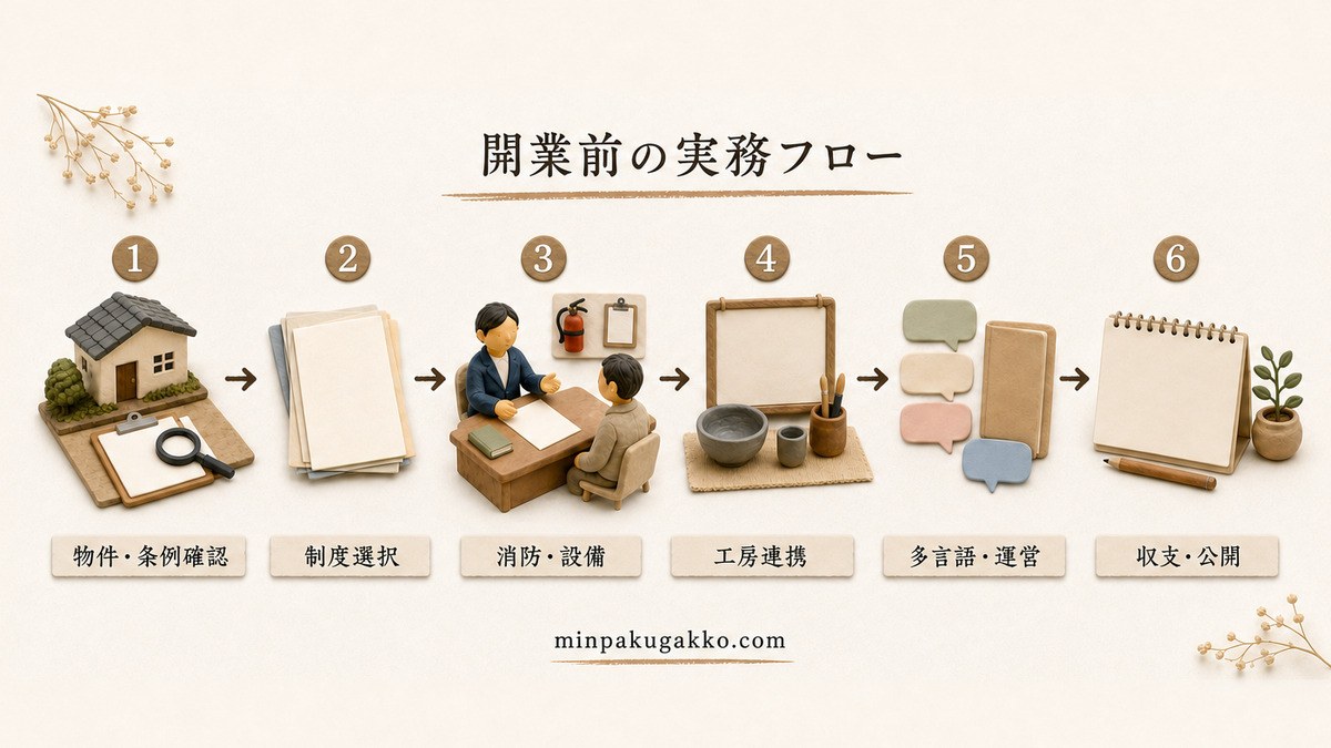 物件と条例、制度、消防設備、工房連携、多言語運営、収支公開を並べた開業前の六工程図