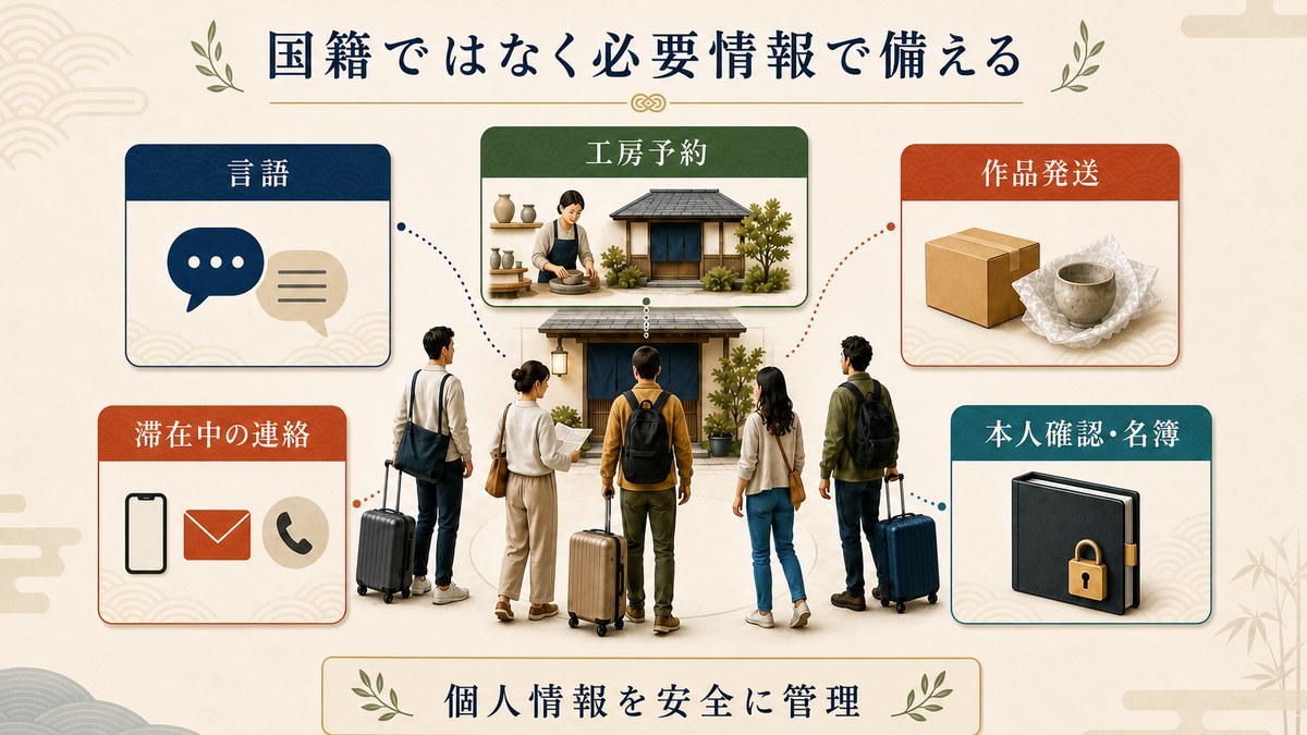 国籍で分けず、言語、滞在中の連絡、工房予約、作品発送、本人確認と名簿で備える図