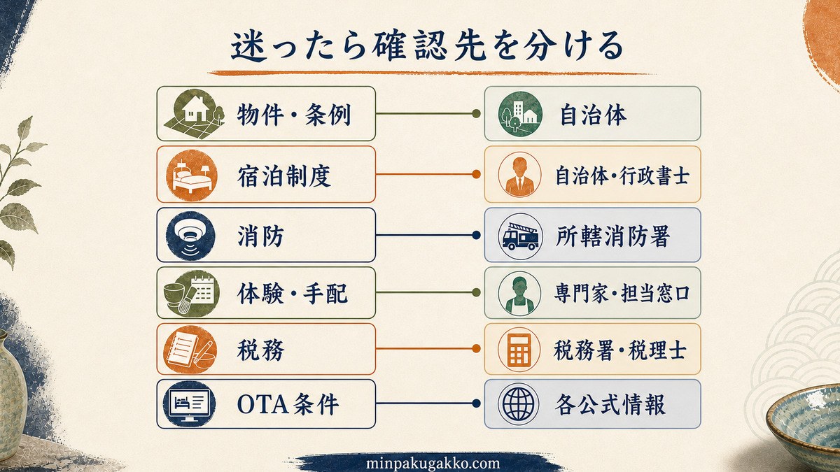 物件と条例、宿泊制度、消防、体験手配、税務、OTA条件ごとの確認先を分けたFAQ図