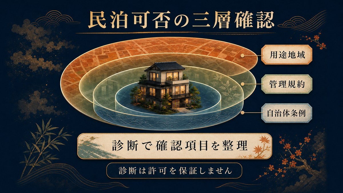 民泊可否を用途地域、管理規約、自治体条例の三項目から整理する無料診断の図