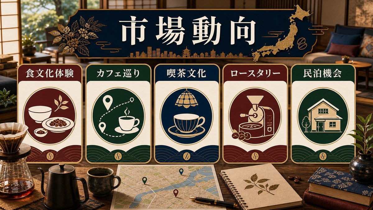 コーヒー・カフェツーリズムの市場動向、食文化体験、カフェ巡り、喫茶文化、ロースタリー、民泊機会を整理した図解