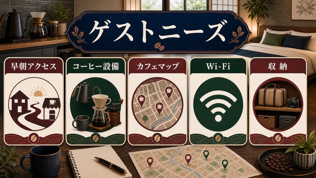 カフェ巡りゲストが民泊に求める早朝アクセス、コーヒー設備、カフェマップ、Wi-Fi、収納を整理した図解