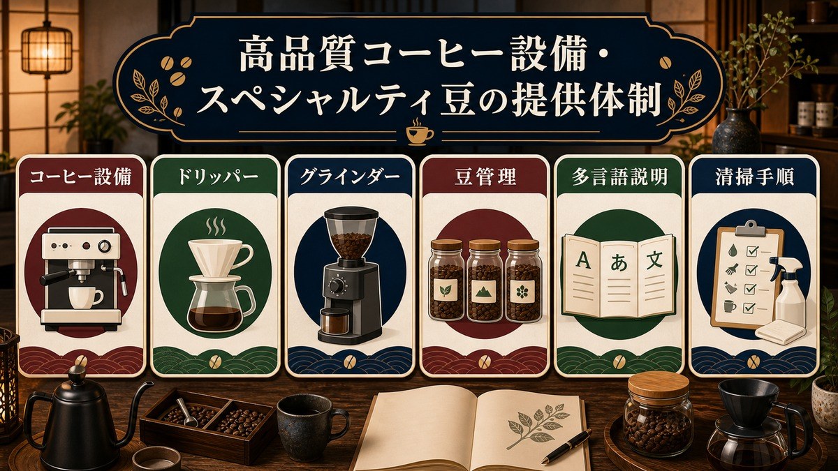 高品質コーヒー設備としてドリッパー、グラインダー、豆管理、多言語説明、清掃手順を整理した図解