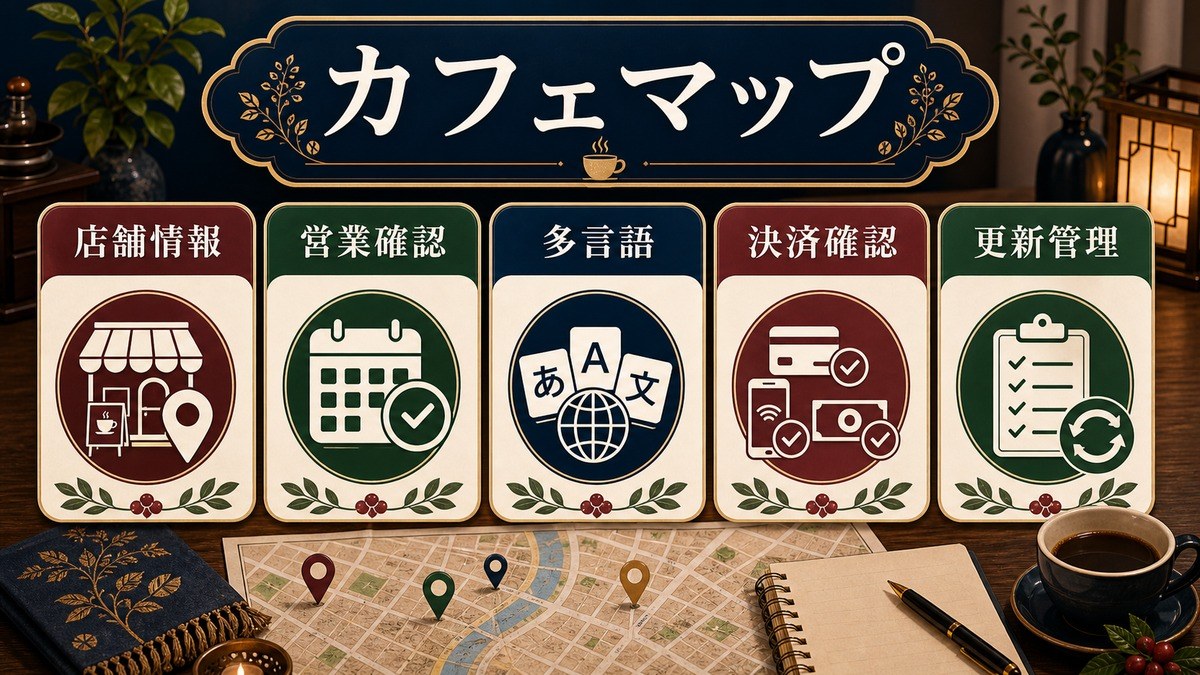 近隣カフェマップとして店舗情報、営業確認、多言語、決済確認、更新管理を整理した図解