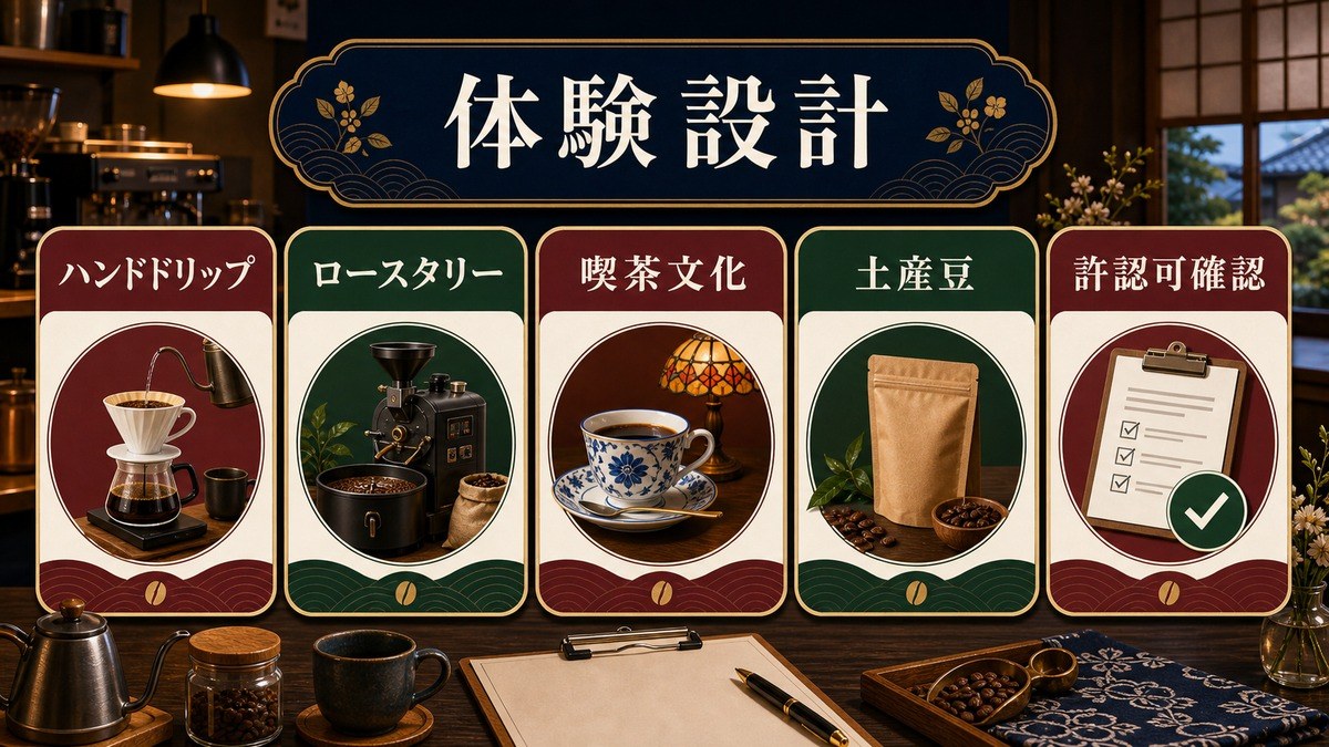 コーヒー体験設計としてハンドドリップ、ロースタリー、喫茶文化、土産豆、許認可確認を整理した図解