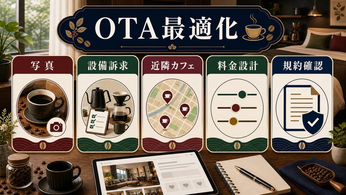 コーヒー文化向けOTA最適化として写真、設備訴求、近隣カフェ、料金設計、規約確認を整理した図解
