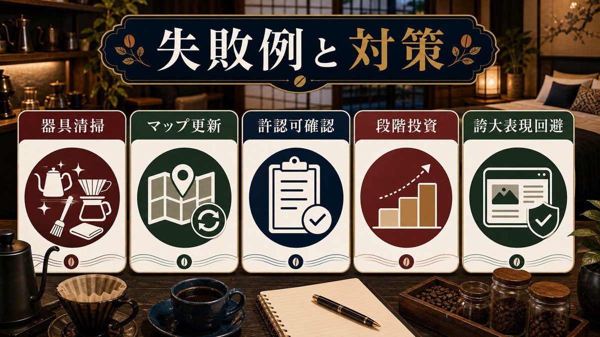 コーヒー民泊の失敗例と対策として器具清掃、マップ更新、許認可確認、段階投資、誇大表現回避を整理した図解
