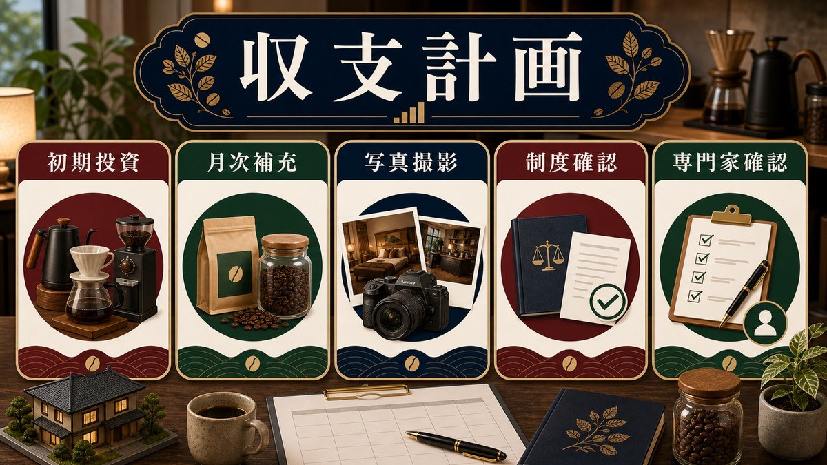コーヒー民泊の収支計画として初期投資、月次補充、写真撮影、制度確認、専門家確認を整理した図解
