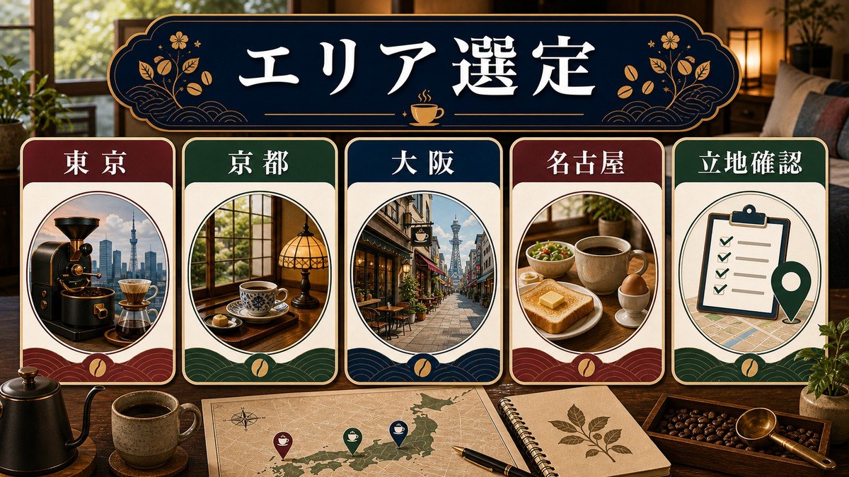 エリア別カフェ文化の特徴として東京、京都、大阪、名古屋、立地確認を整理した図解