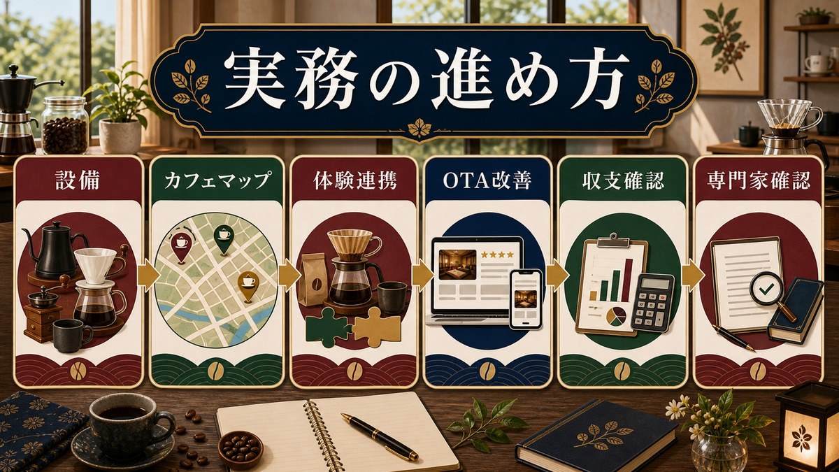 コーヒー・カフェ文化観光需要に応える実務手順として設備、カフェマップ、体験連携、OTA改善、収支確認、専門家確認を整理した図解