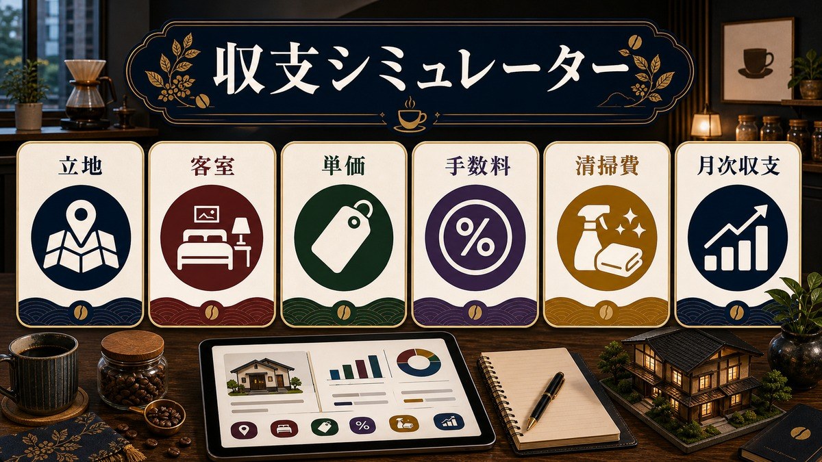 収支シミュレーターで立地、客室、単価、手数料、清掃費、月次収支を確認する図解