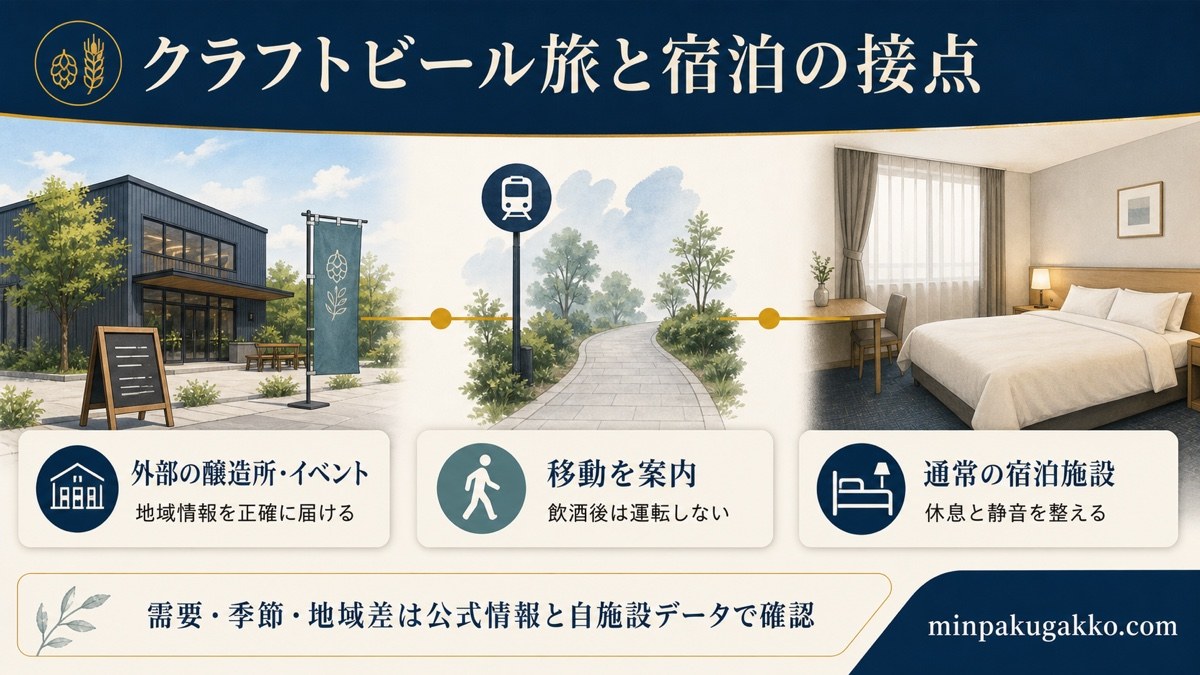 外部の醸造所やイベントから安全な移動案内を経て静かな民泊へつなぐ三つの接点を示す図
