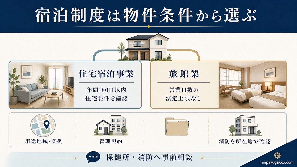 住宅宿泊事業と旅館業の営業日数と物件別確認項目を比較した制度選択図