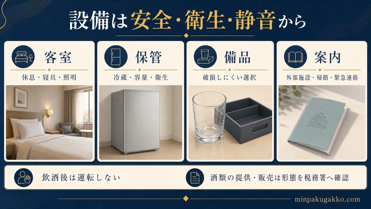 ブルワリー近隣民泊の設備を客室・保管・備品・案内の四領域で整理した図