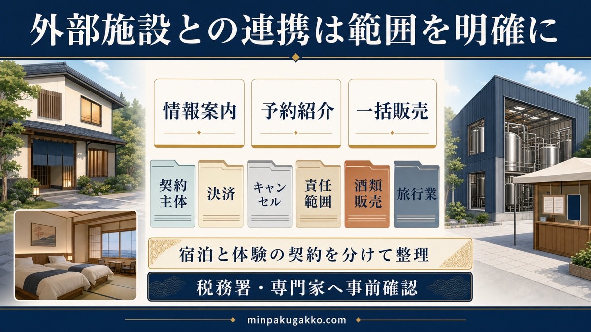 外部ブルワリーやイベントとの情報案内・予約紹介・一括販売で確認範囲が変わることを示す図
