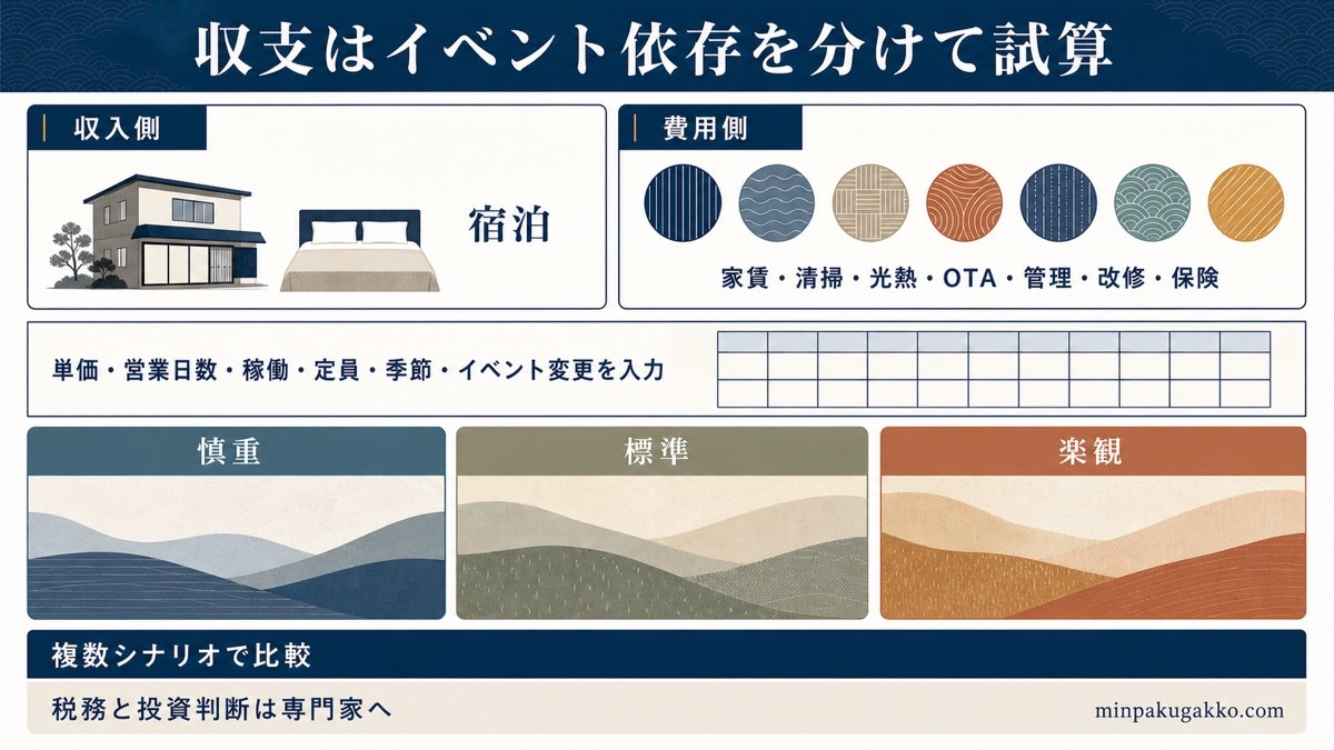 宿泊収入と運営費を分け、慎重・標準・楽観の複数シナリオで比較する収支計画図