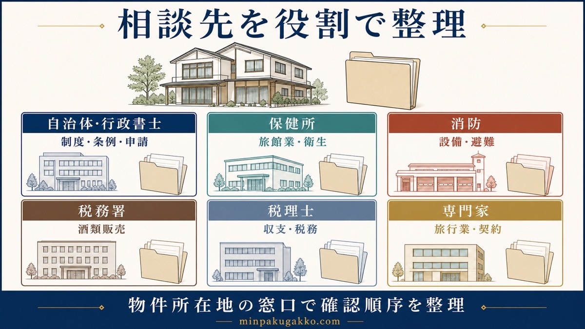 民泊制度、衛生、消防、酒類販売、税務、旅行業契約の相談先を役割別に整理した図