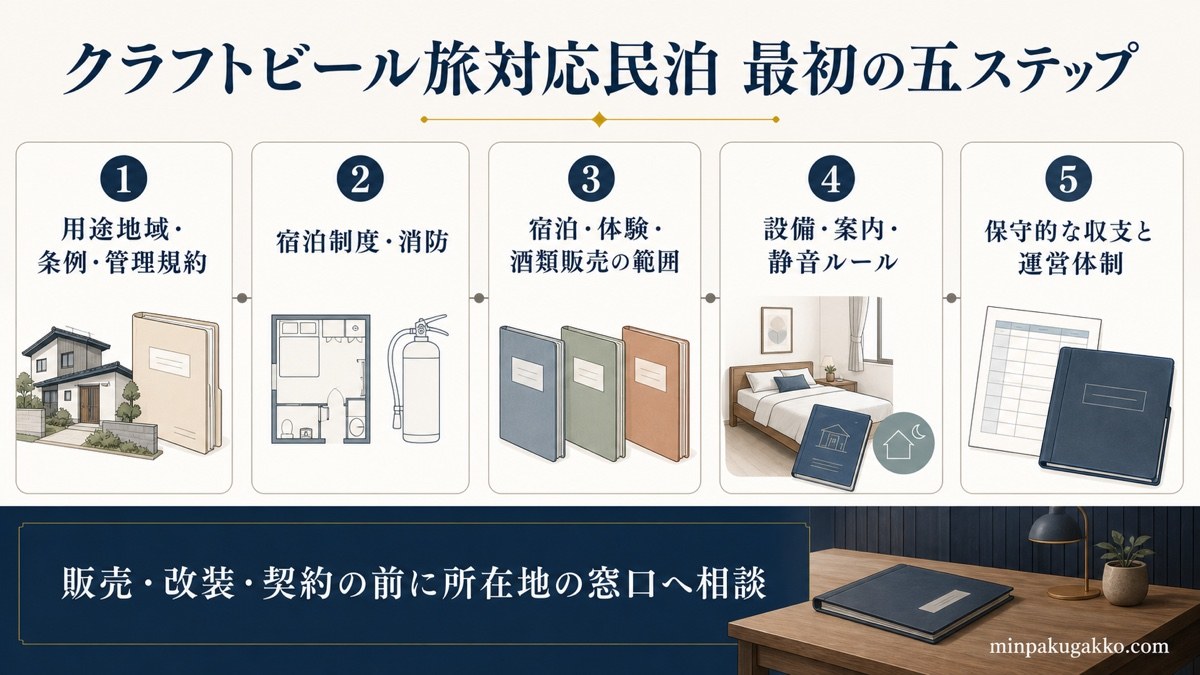 クラフトビール旅対応民泊を始めるための物件確認から収支運営までの五ステップ図