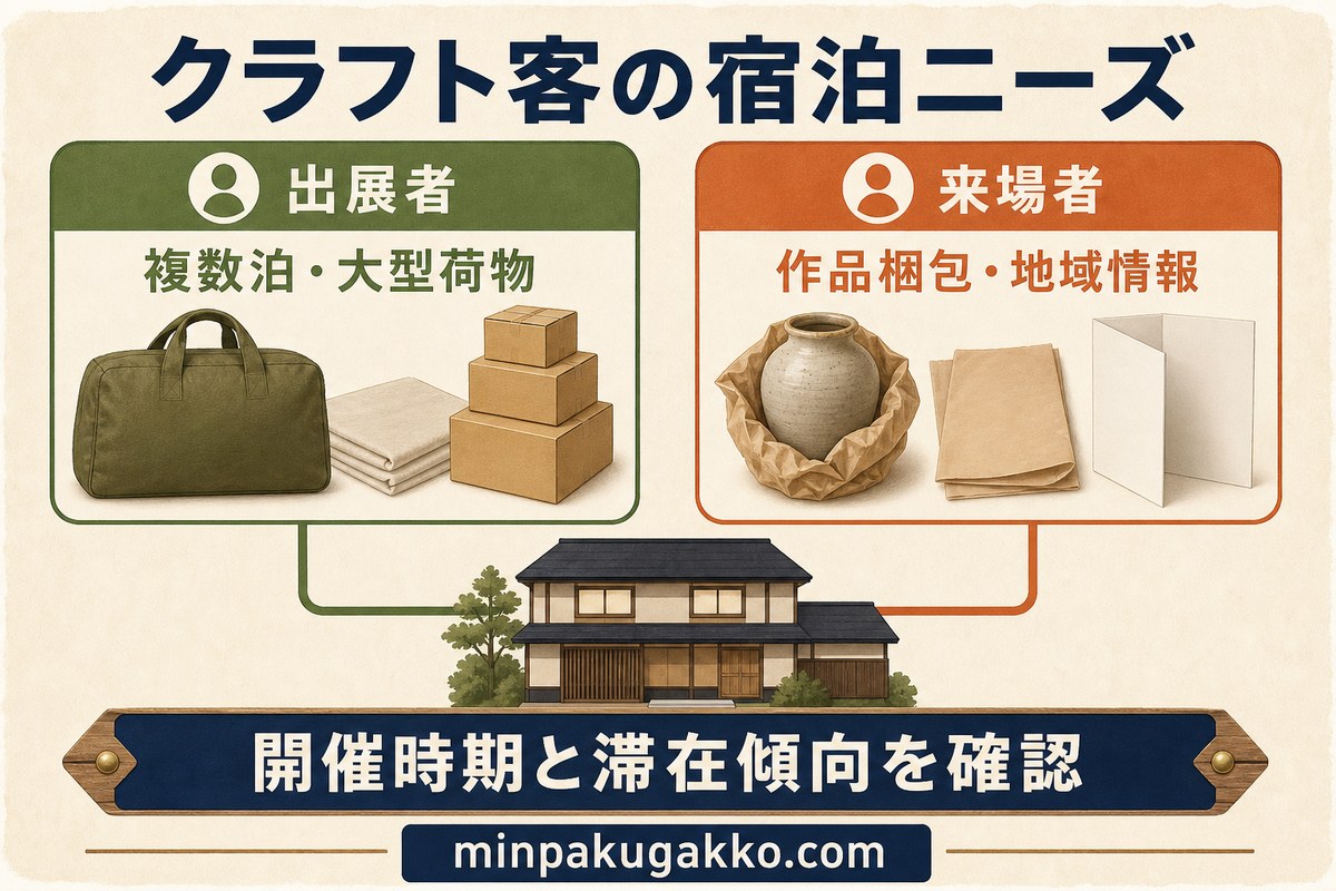 クラフトフェアの出展者と来場者に必要な複数泊、大型荷物、作品梱包、地域情報を整理する図