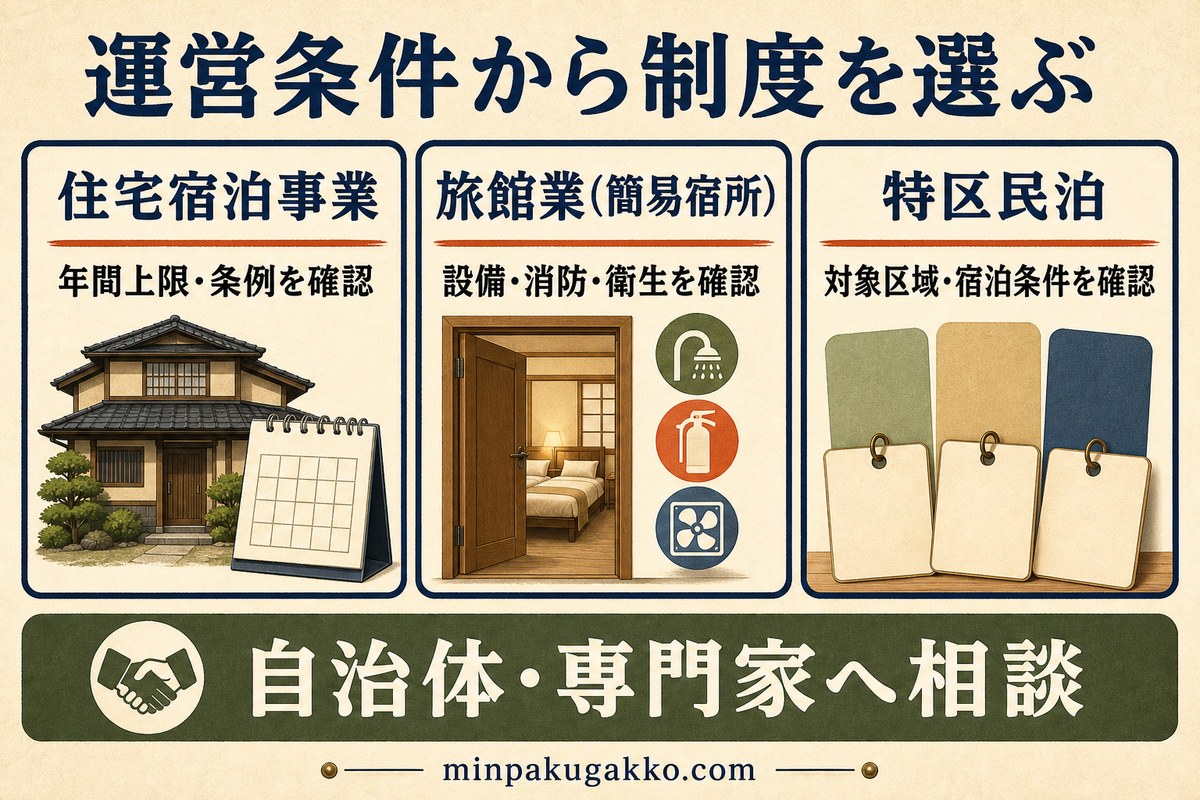 住宅宿泊事業、旅館業、特区民泊の確認事項を比較し、自治体や専門家への相談につなげる図