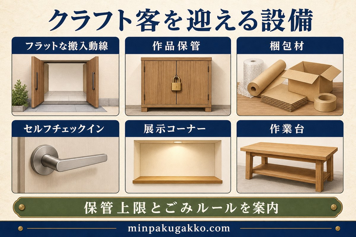 クラフト客向けの搬入動線、作品保管、梱包材、セルフチェックイン、展示、作業台を示す図