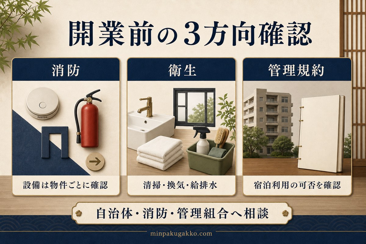 民泊開業前に消防、衛生、マンション管理規約を物件ごとに確認する流れを示す図