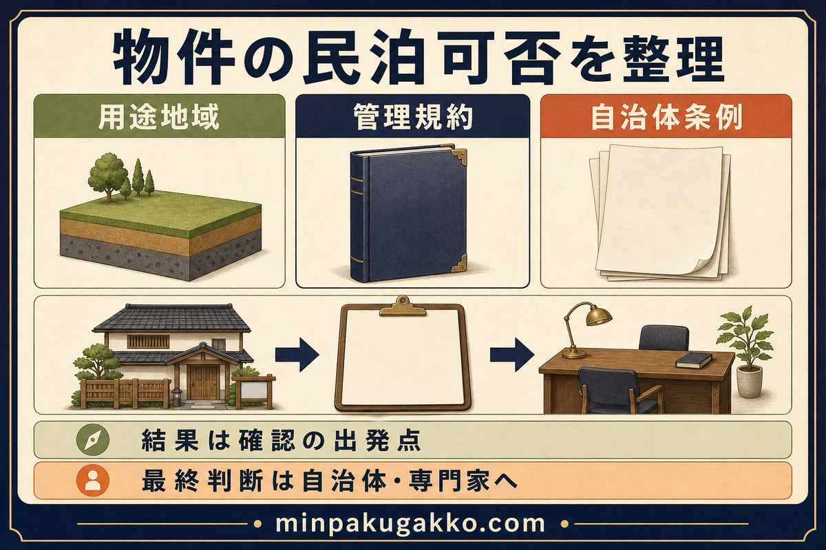 用途地域、管理規約、自治体条例から物件条件を整理し、自治体や専門家へ確認する流れの図