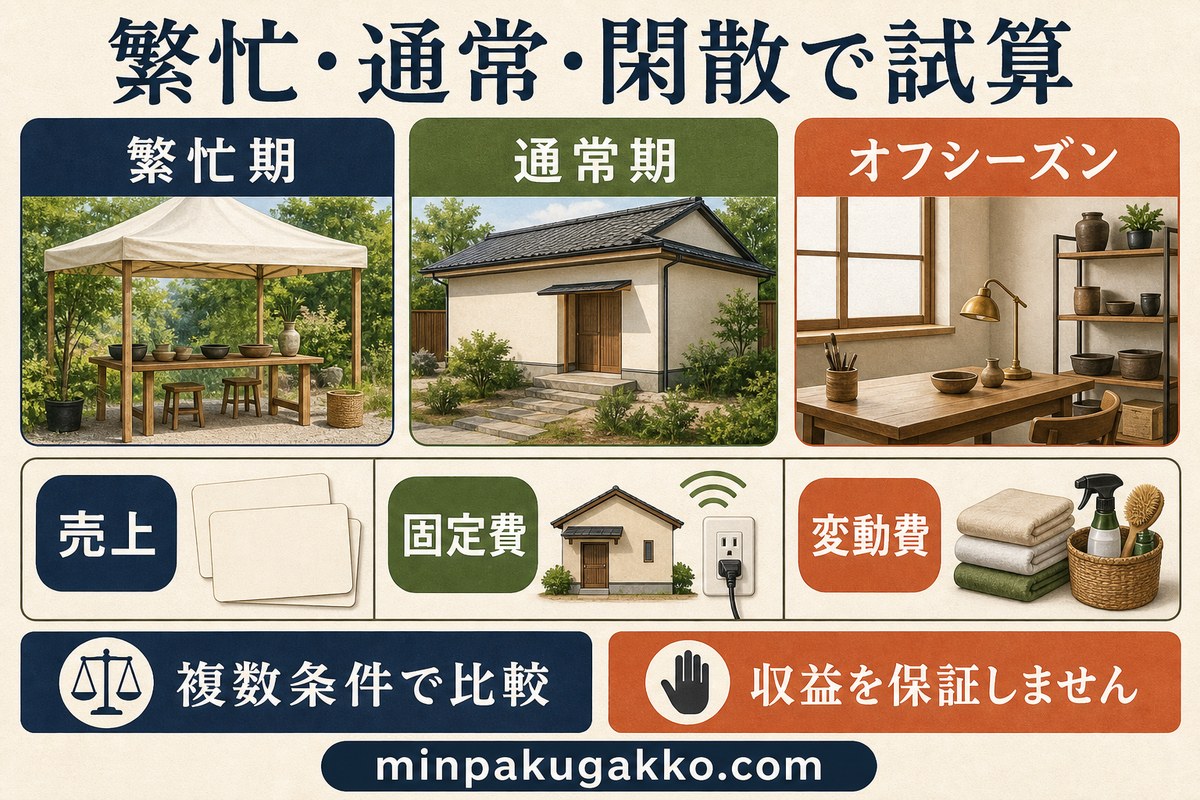 繁忙期、通常期、オフシーズンごとに売上、固定費、変動費を複数条件で比較する収支試算の図