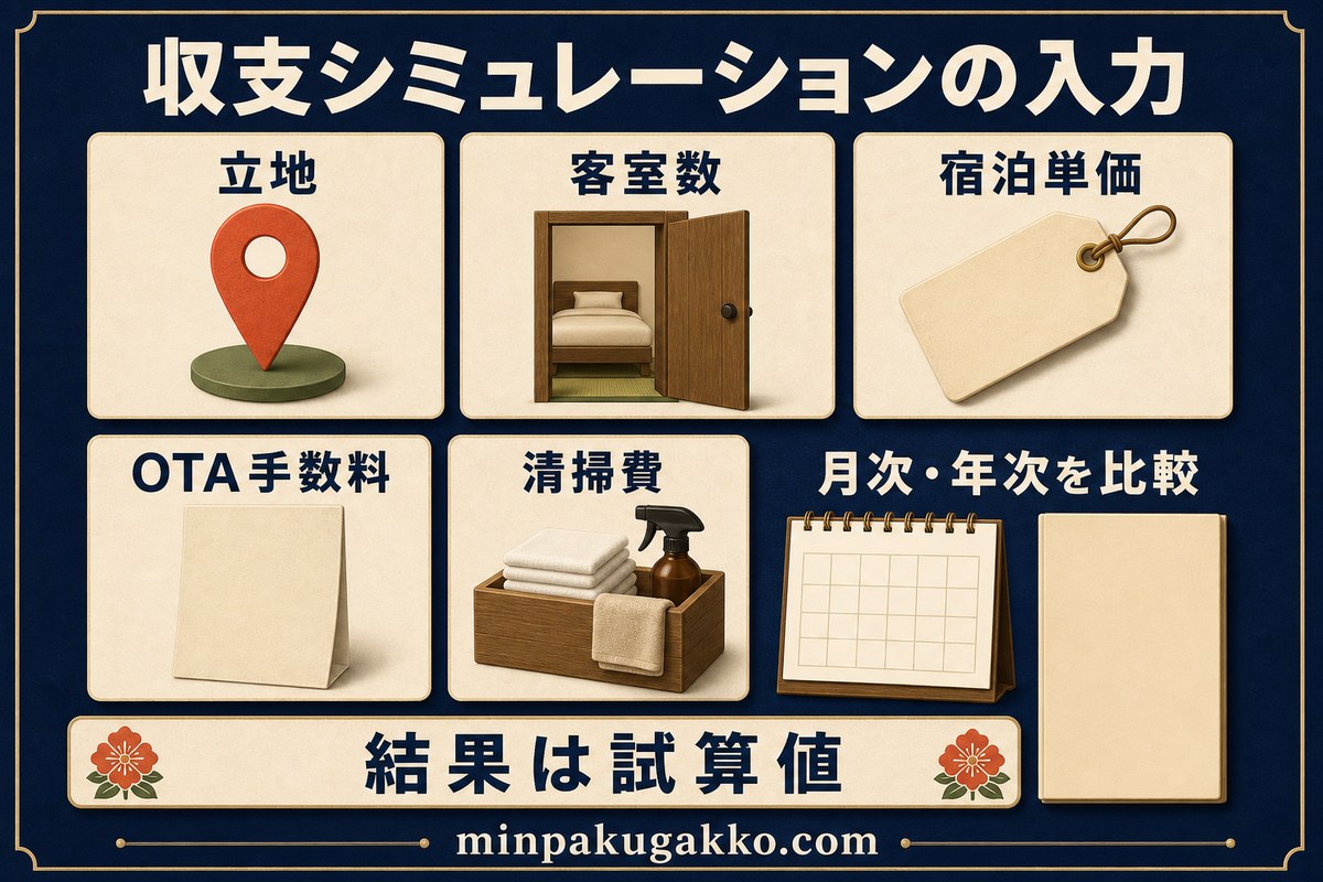 立地、客室数、宿泊単価、OTA手数料、清掃費を入力し、月次と年次の試算値を比較する図