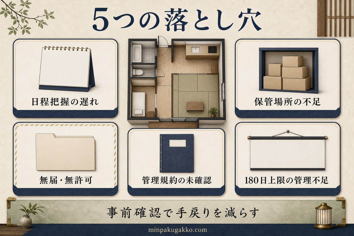 クラフトフェア民泊で起こりやすい日程、保管、無届け、規約、180日管理の失敗を示す図