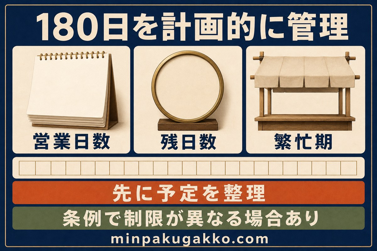 営業日数、残日数、繁忙期の予定と自治体条例による制限差を整理する180日管理の図