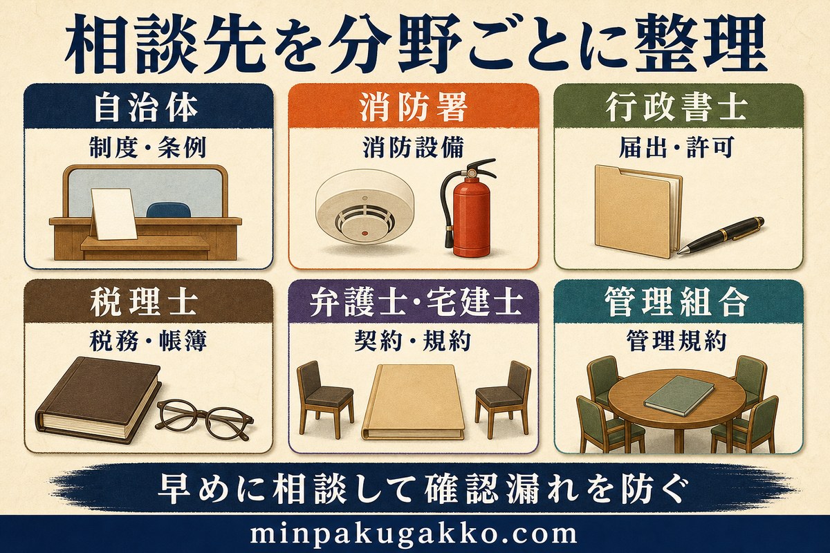 民泊開業前の相談先を自治体、消防署、行政書士、税理士、弁護士や宅建士、管理組合に分けた図