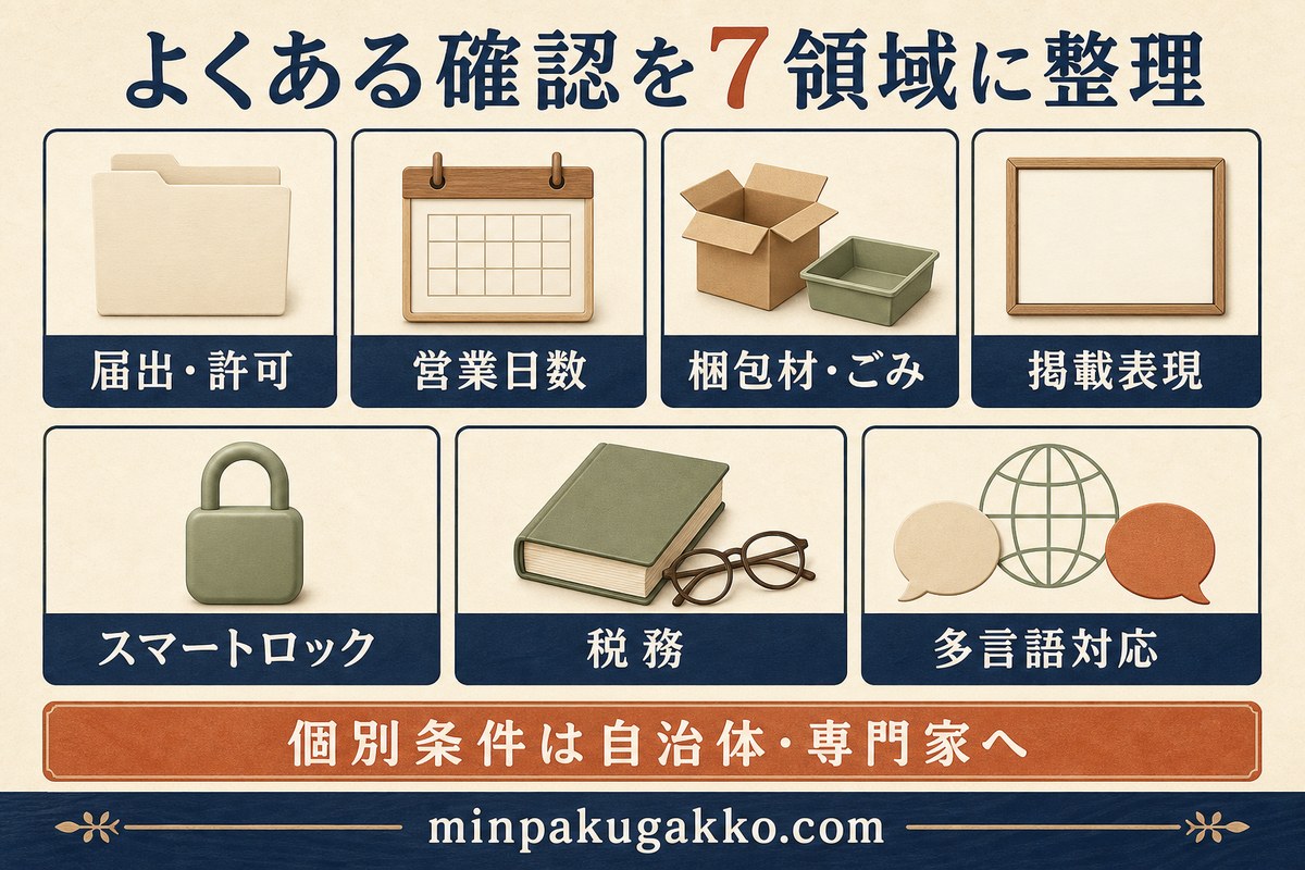届出、営業日数、梱包材、掲載表現、スマートロック、税務、多言語対応の7領域を整理するFAQ図