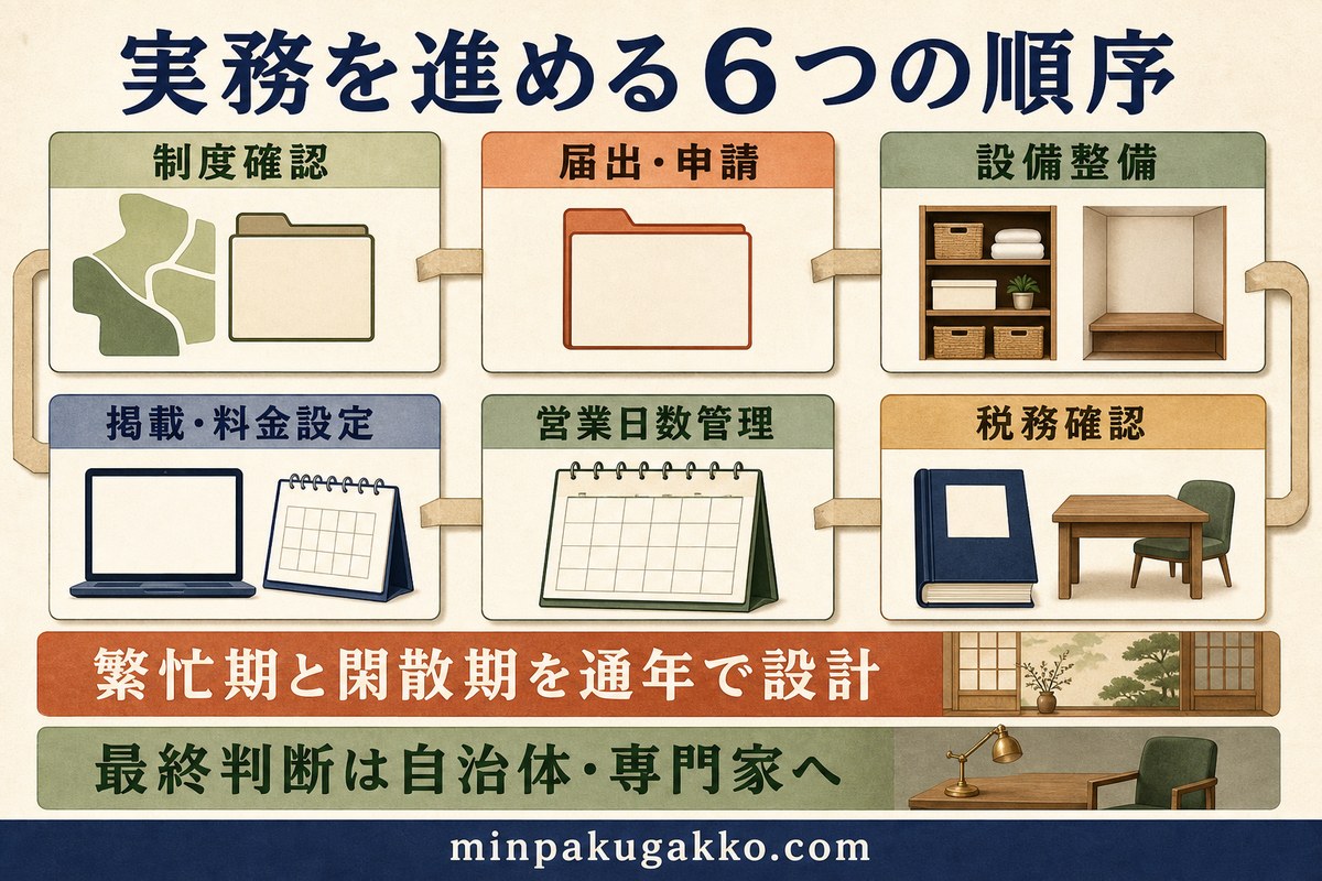 クラフトフェア民泊の実務を制度確認、届出、設備、掲載と料金、営業日数、税務の6段階で示す図